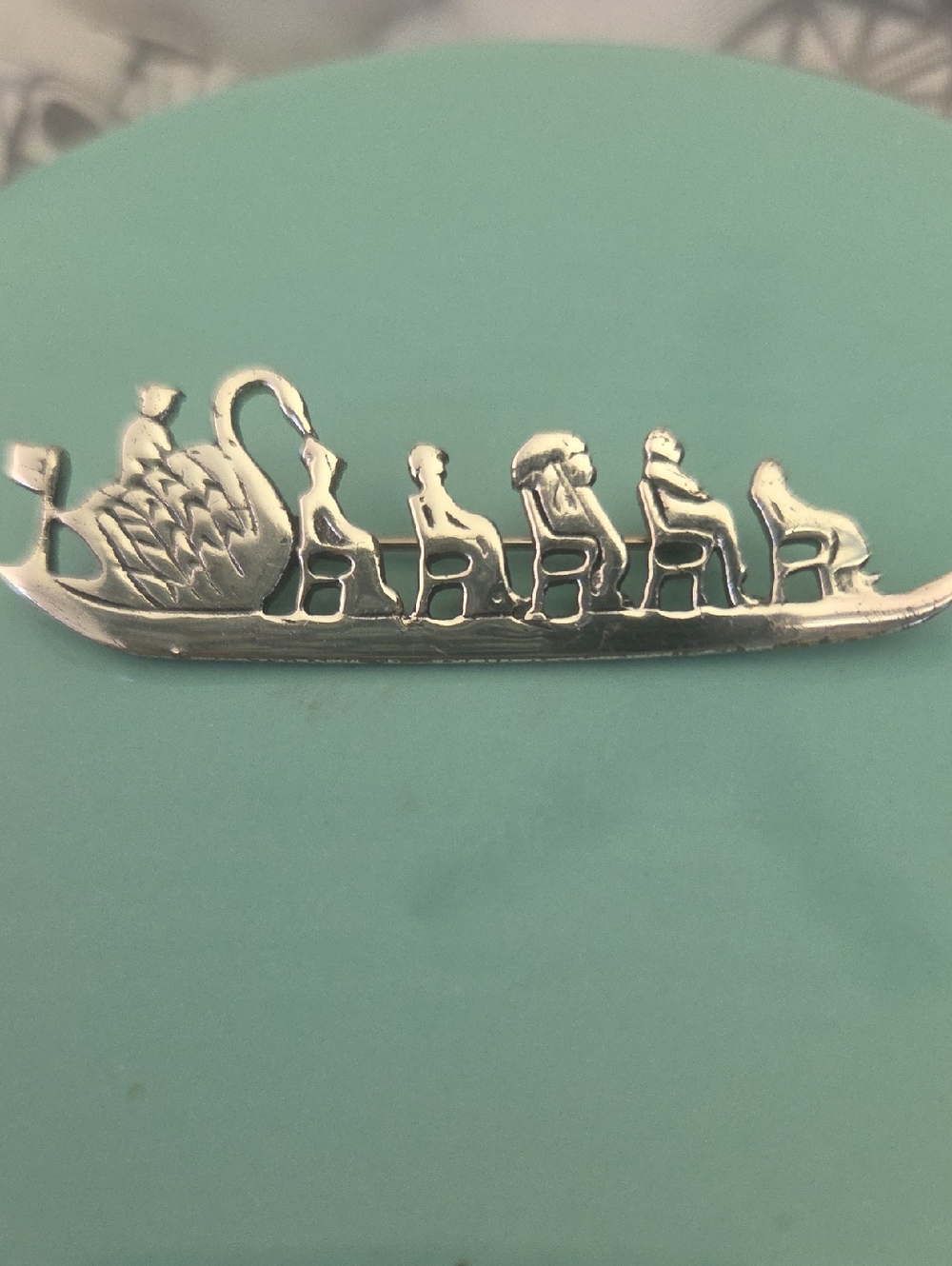 Silver Boston Swan Boat Brooch - Elegant Rowing Silhouette